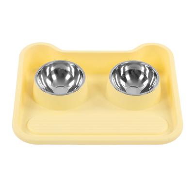 Cat Water Food Bowl 15 Degree Tilt Prevent Spill Stainless Steel Double Pet Bowl Set Yellow