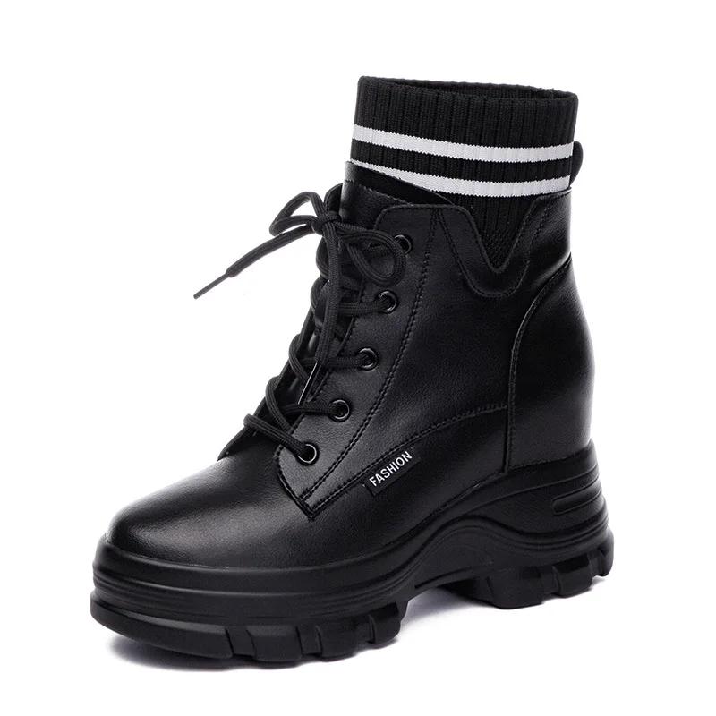 Fashion 9cm New Patent Microfiber Women Mid Calf Motorcycle Booties Platform Wedge Super Thick Spring Autumn Winter Fashion Shoes