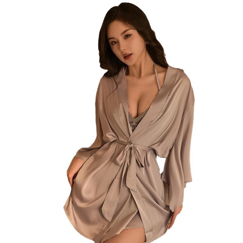Sex Underwear Sexy Hot Nightgown Cardigan Lace-up Thin Pajamas Women's Pure Desire Satin Bed Set