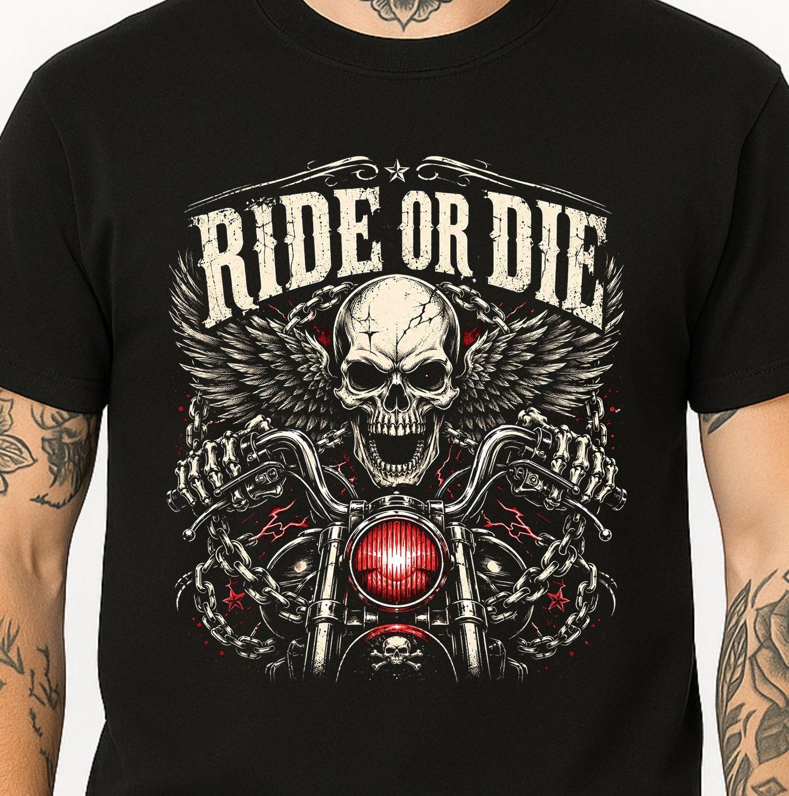 Skull Wings T-Shirt Ride Or Die Biker Motorcycle Chopper Gothic Graphic Tee. M
