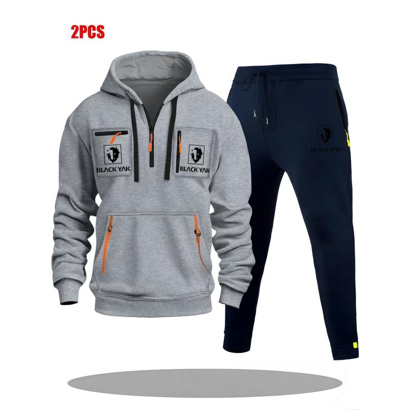 Mens Hoodie Sweatshirt Set Solid Color Multi-Zipper Pockets Casual Wear
