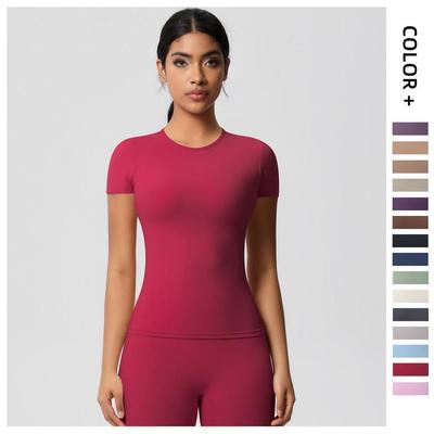 Brushed Nude Slim-Fit Round Neck Yoga Top - Short-Sleeve, Breathable, Versatile Sportswear