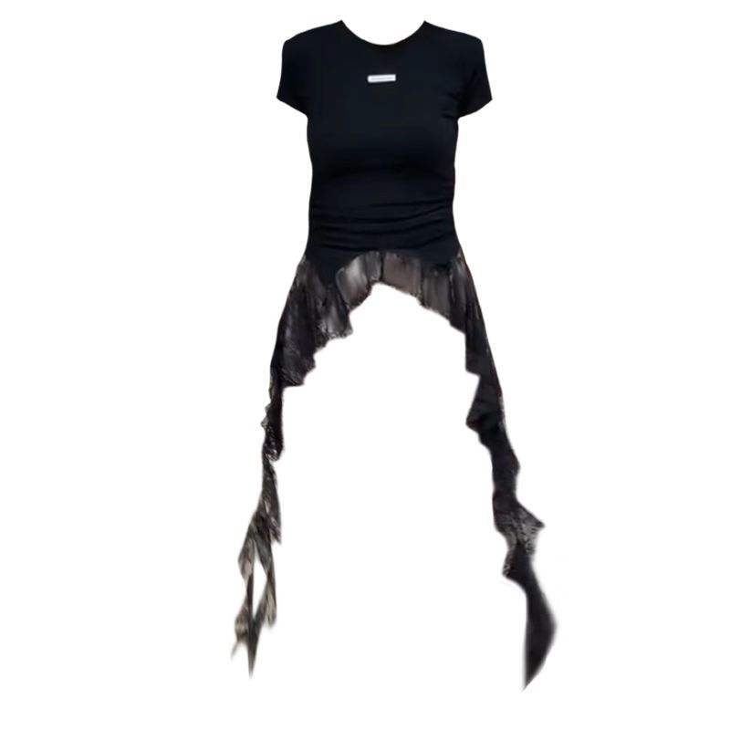 

Plus Size Fat Sister Sweet Cool Sexy Lace Strap Patchwork Short-Sleeved T-shirt Women s Summer Tight Waist Slim Looking Shoulder Tops Black 4XL [Suggested 90.00 kg-100.00 kg]]