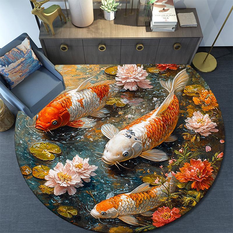 Koi Fish Round Area Rug,Carpet Rug for Living Room Bedroom Sofa Playroom Decor,Non-slip Floor Mat