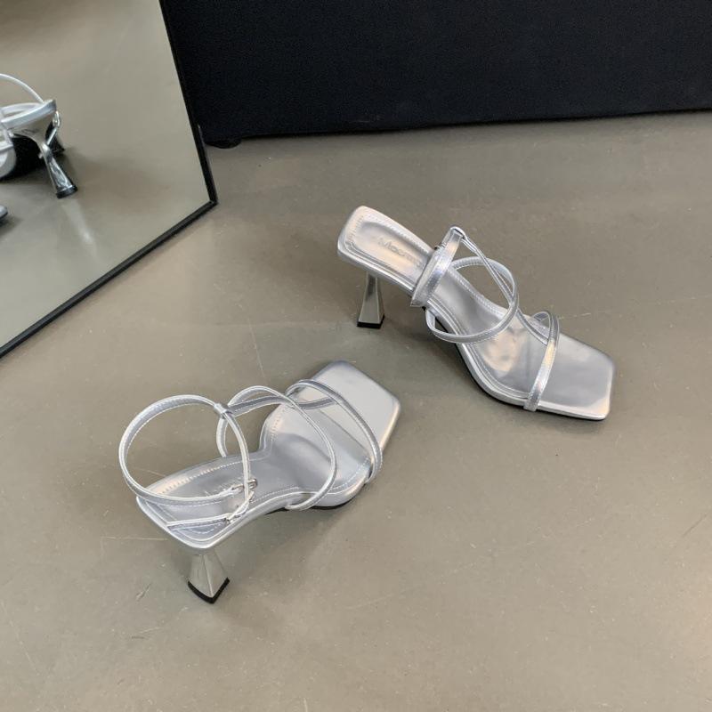 2025 Summer New Square Head Stiletto Celebrity High Word Strap Roman Sandals High Heel Sandals Women