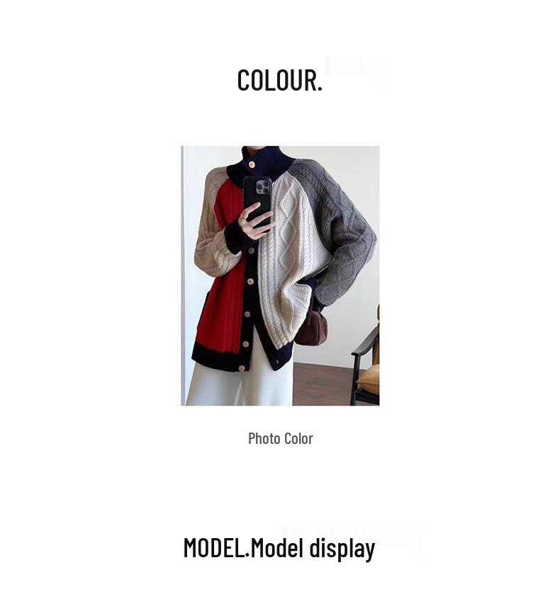 European Style Women's Color Block High Neck Wool Cardigan - Autumn/Winter Loose Fit Sweater Coat