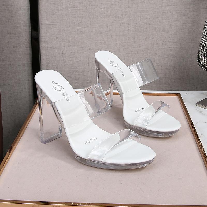 Korean Edition Fashion Model Shoes Thin Heels Sexy Black Waterproof Platform 11CM High Heel Sandals Women's High Heels Mules