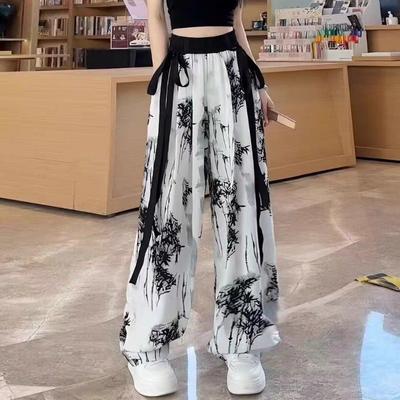 Pantalon d'été en soie glacée fine de style chinois à jambes larges, pantalon décontracté à jambes droites et suspendues pour femmes