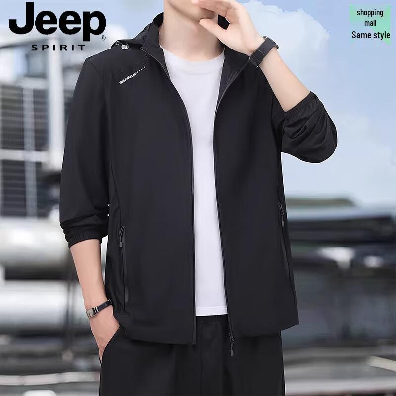 JEEP SPIRIT Men's Thin Ice Silk Sun Protection Jacket with Detachable Hood
