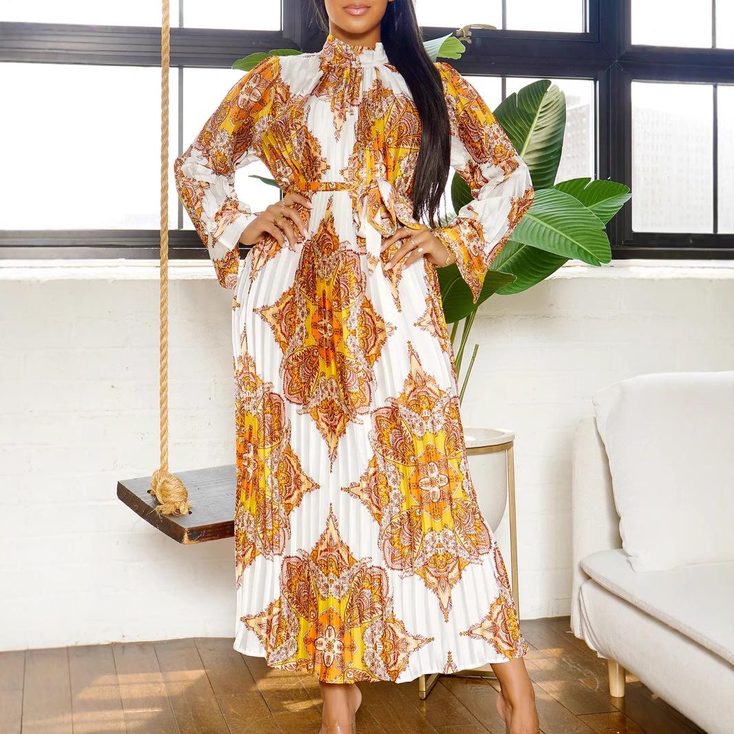 

Printed Long Sleeve Pleated Dress: European & American Fashion for Women M