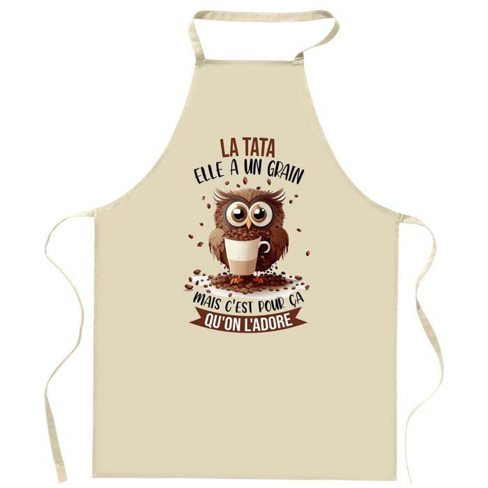 Tablier de cuisine - La Tata Chouette Café - Coton épais résistant - Impression humoristique durable - Imprimé en France