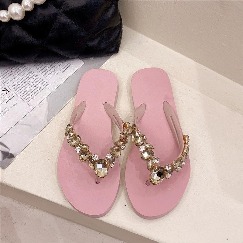Bequeme und modische Allround-Strandschuhe Rutschfeste weiche Sohle Lässige Flip-Flops Strasskettchen Flache Hausschuhe