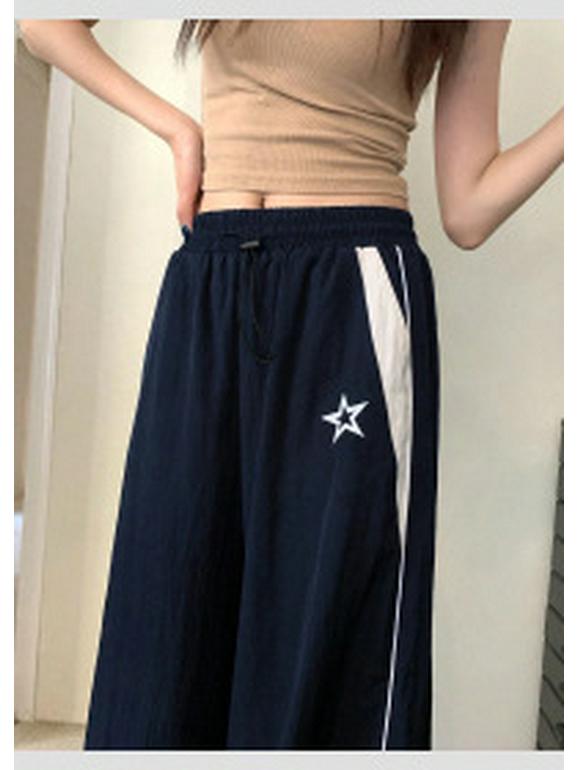

Женские повседневные брюки в стиле ретро с высокой талией: Спортивный стиль Harajuku Spliced, уличная мода, свободный крой в стиле хип-хоп с завязками на резинке Small темно-синий