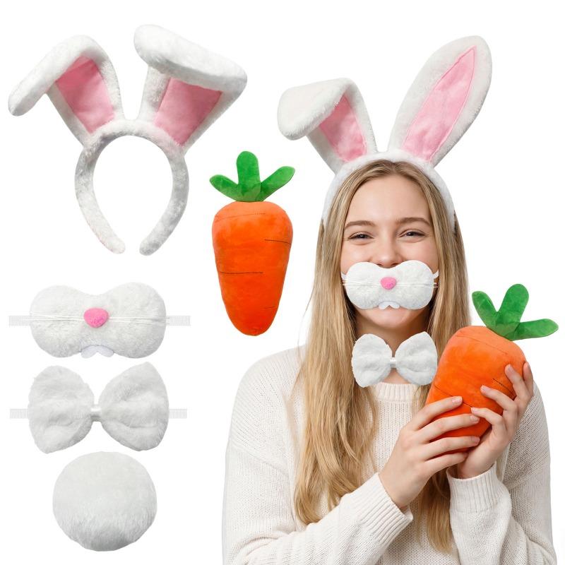 

5Pcs Rabbit Costume Set Animal Ears Headband with Bow Tie Tail Nose Clothes Halloween Cosplay Costume Party Accessories One Size