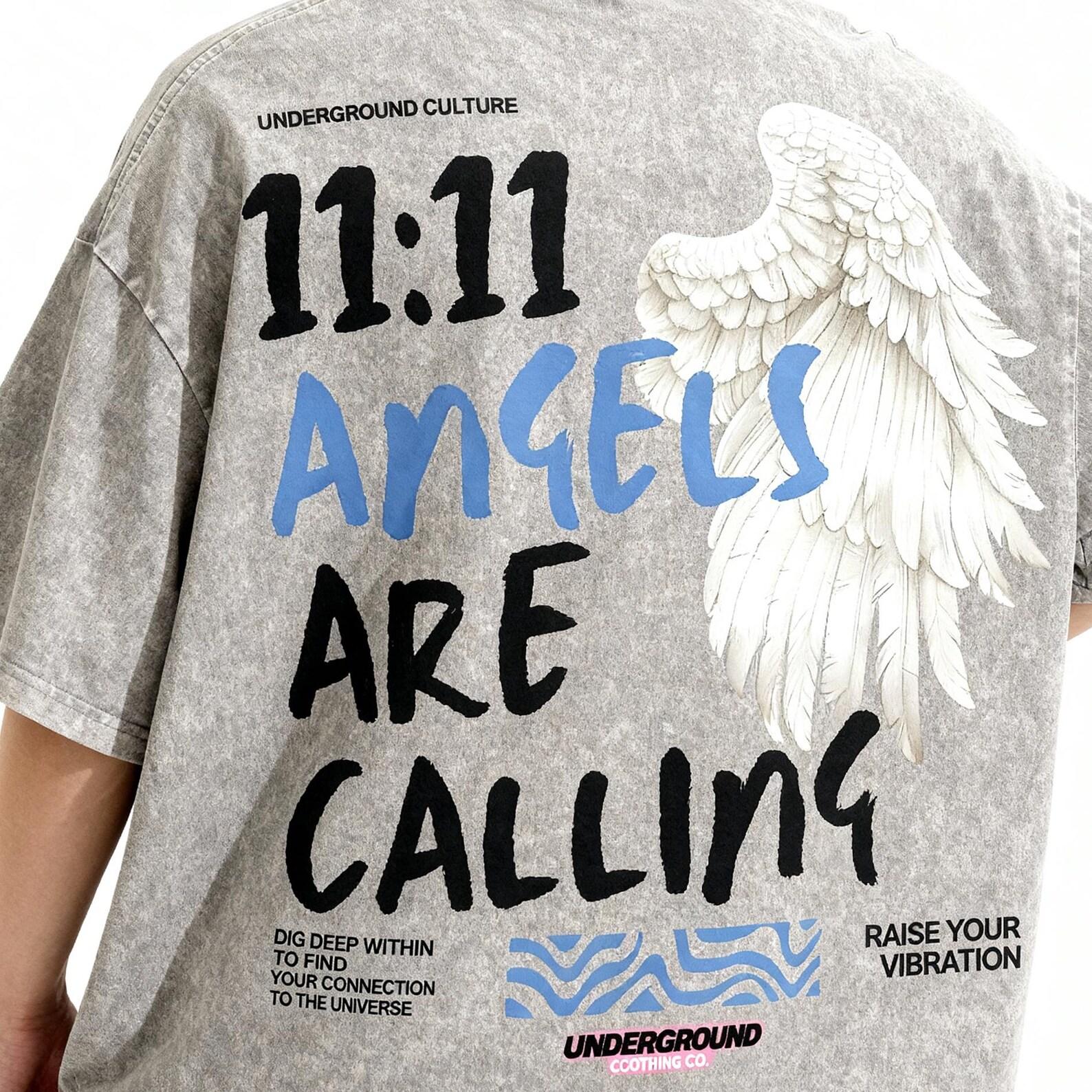 PREMIUM 11:11 Angel T-shirt, Acid Washed Vintage Tee, Spiritual Shirt, Streetwear Angel Wings Top, 2025 Trend, High Quality Cotton 3XL