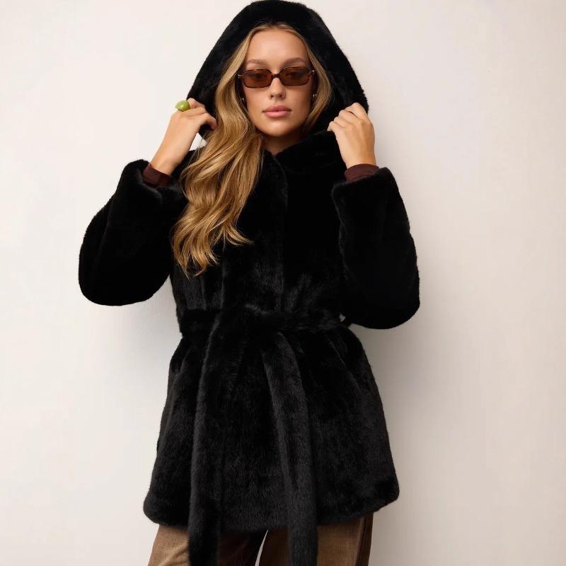 Winter imitation mink fur jacket medium and long hooded belt artificial fur environmentally friendly fur coat women