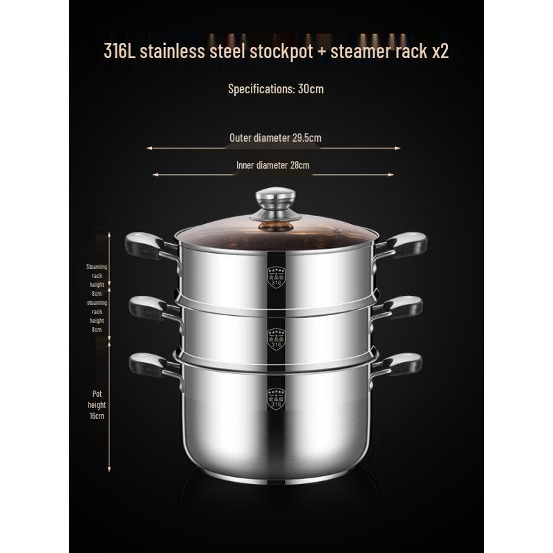 2025 Three-Layer 316 Stainless Steel Steamer & Soup Pot for Induction & Gas Stoves