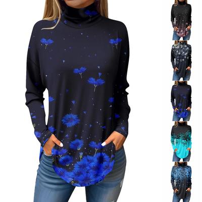 Kadınlar İçin Tişörtler Sonbahar Rahat Uzun Kollu Gömlekler Sweatshirt Vintage Baskılı Yüksek Yaka Üst Kazak