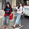 Girls' summer Korean casual short sleeved T-shirt set for girls, adults, middle school students, thin summer clothes, children's denim shorts