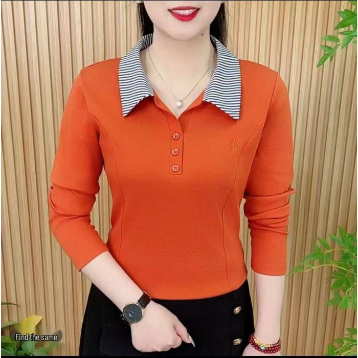 Dámské luxusní polo s dlouhým rukávem: Jaro/Podzim 2025, Límec s klopami, Jednobarevné, Všestranný top pro nošení matkou