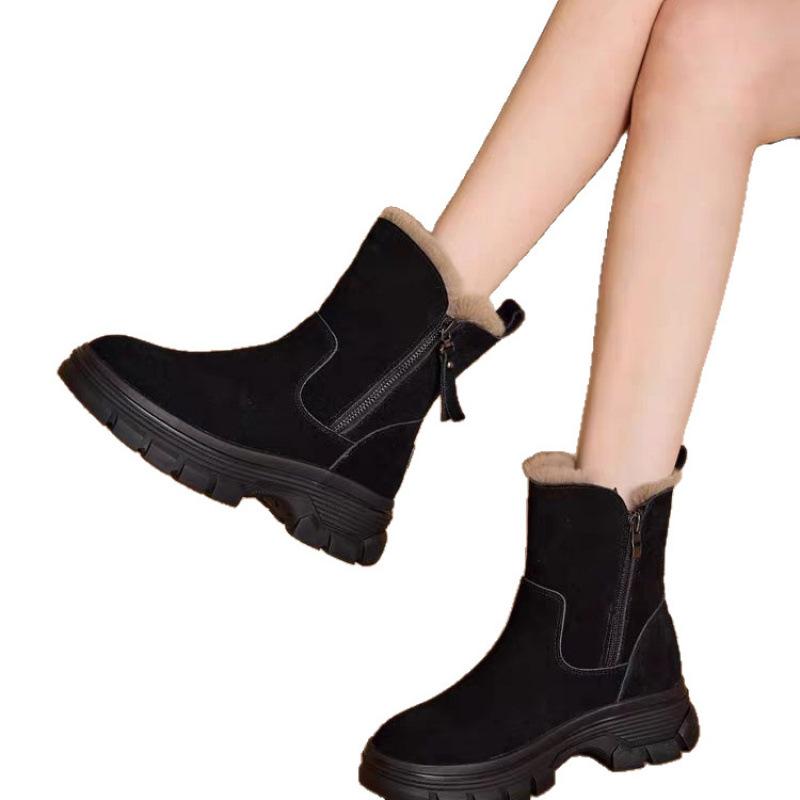 Snow boots new winter fur integrated fleece thick sole heightening leather short cotton shoes