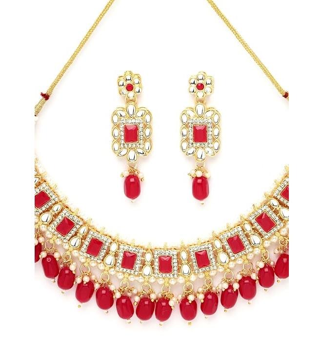 Glitzy Gold Plated Rani Pink Ad Stones & Beads Studded Choker Necklace Set For Women