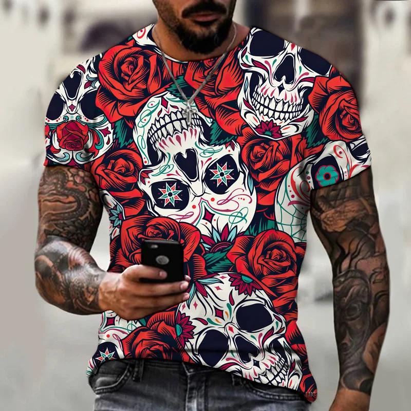 Sommar Rundhals 3D Skalle Tryck Topp Trendiga Casual Kortärmade Herr T-shirts