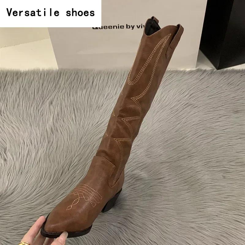 Women Cowboy Boots Fashion Square Low Heel Ladies Elegant Slip On Long Booties Winter Pointed Toe Women's Footwear