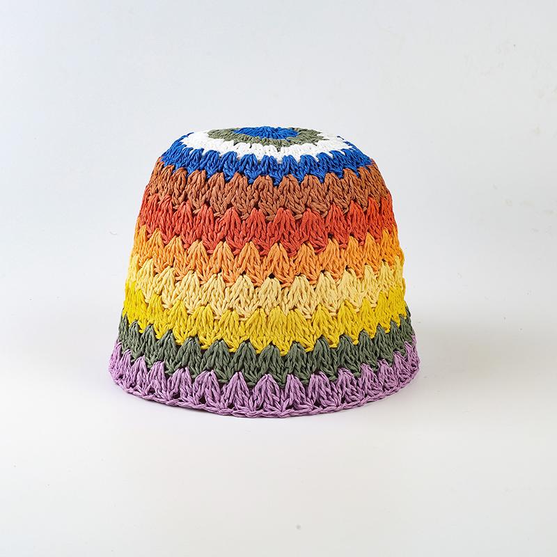 

Райдужний плетений капелюх із солом’яного відра Жіночий літній порожнистий капелюх рибалки, дихаючий сонцезахисний пляжний капелюх