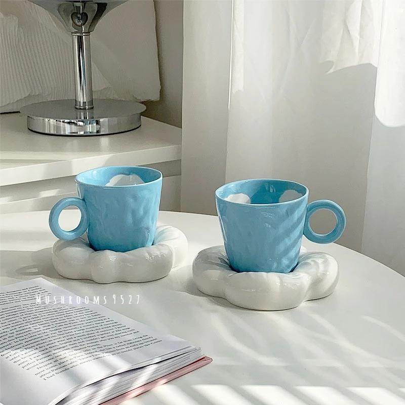 Mushrooms Korean Style Niche Ceramic Irregular Blue Sky Clouds Ceramic Cute Coffee Cup Saucer Exquisite Afternoon Tea Coffee Mug