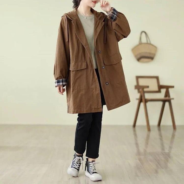 Kvinner Koreansk Vintage Hettekåpe Høst Casual Løse Lange Ermer Enkelknappet Ensfarget Lommekåpe Johnature Mote Yttertøy