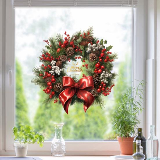 Yousheng Christmas Wreath Window Clings for Wall Window Door Large Removable PVC Wreath Decals with Pine Cones Berries for Holiday Decor