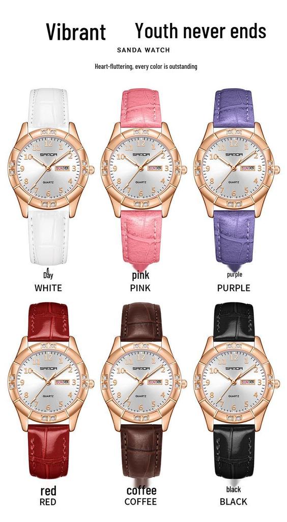 Sanda Junior High Student Retro Quartz Watch - Luminous, Dual Calendar, Waterproof, Sun Pattern, Fashionable Women's Style