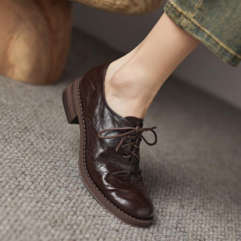 Krazing Pot Sheepskin Round Toe Thick Heels Autumn Lace Up Block Shoes Women Retro Fashion Pumps