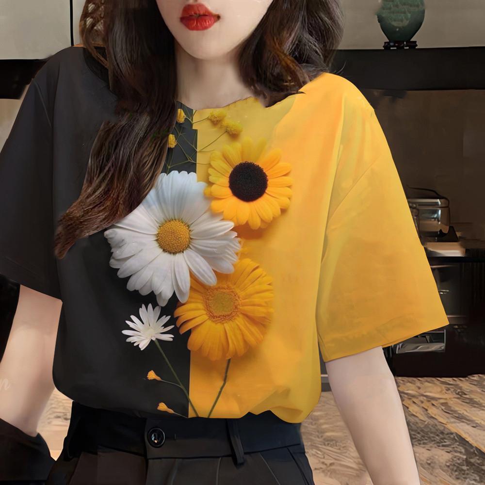 Summer Round Neck 3D Print Beautiful Flower Pattern Top Fashionable Casual Short Sleeved Women's T-shirts