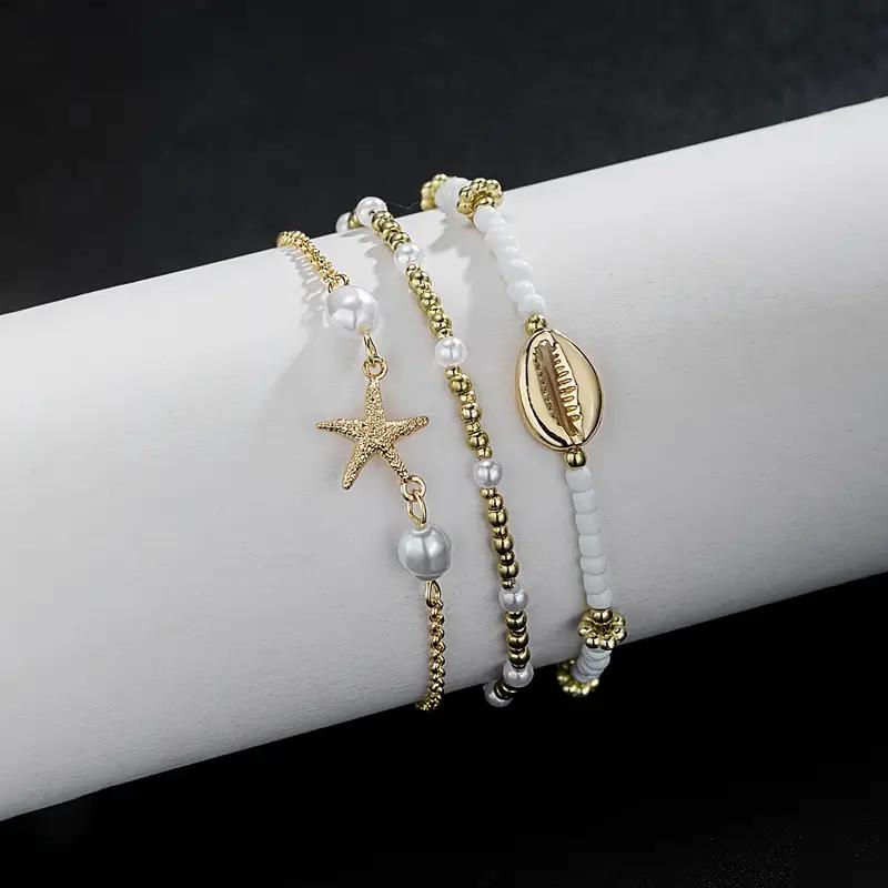 3 Pcs Beach Beaded Anklet Set for Women Vintage Summer Gold Color Starfish Shell Charms Anklet Vacation Daily Wear Jewelry Gifts