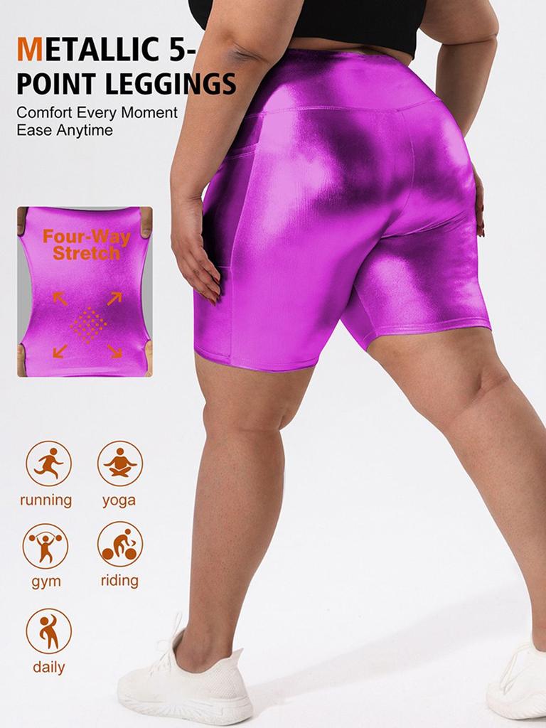 Women Large Size Foil-Stamped Shorts High Waist Shiny Metallic Elastic Shorts with Pocket