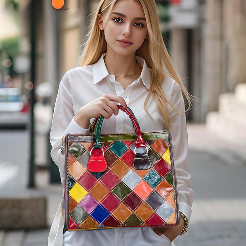 Женская сумка из натуральной кожи Head Layer Cowhide Splicing Handbag большой емкости — фото 3