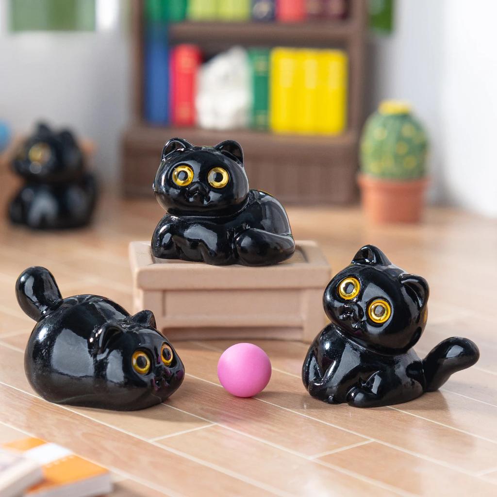 5 Stück Schwarze Katze Ornament Mini-Figuren Miniatur Harz Niedliches Kätzchen Mikro-Landschaft Handwerk Kleine Ornamente Desktop-Dekoration