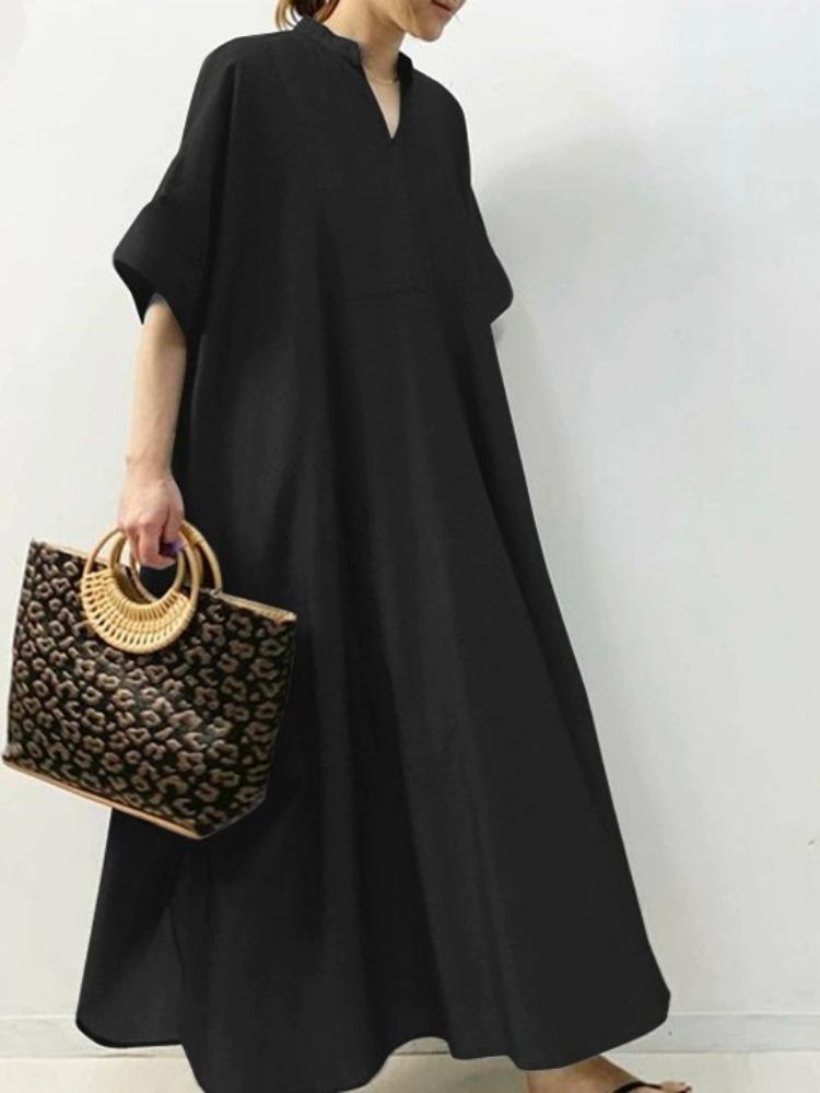 Women's Casual Loose Long Dresses V-Neck Short Sleeve Solid Color Maxi Dress Spring Summer Minimalist Robes Femme