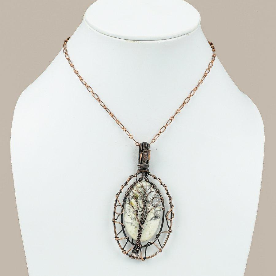 Natural Howlite Jasper Gemstone Handmade Copper Wire Wrap Pendant 3.39" i4l03