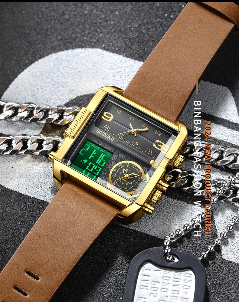 Binbang Fashion Men's Domineering Quartz Watch with Large Square Dial and Triple Display