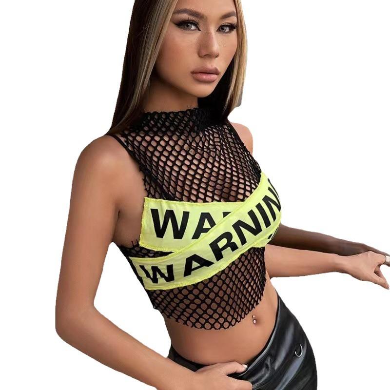 2024 Euro-American Style Summer Mesh Ripped Hollow Top: Street Fashion Color-Block Letter Vest for Women