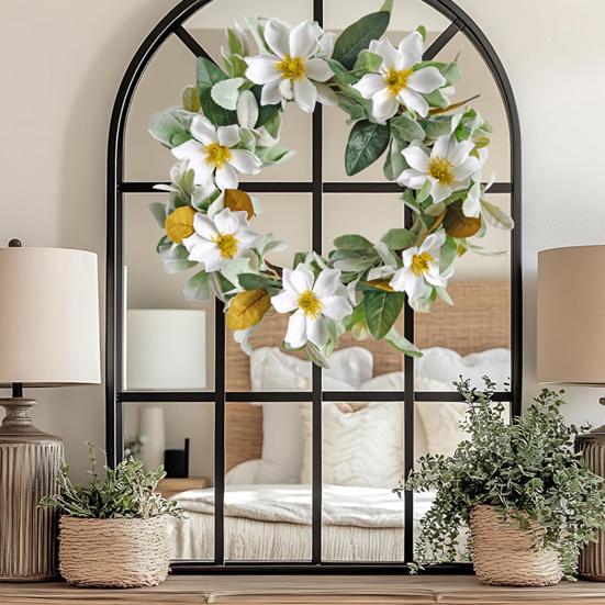 Guirlanda Artificial de Magnólia de 15 Polegadas para Porta da Frente Primavera Verão Guirlanda Floral Falsa com Folhagem para Varanda Entrada Sala de Estar Decoração de Parede