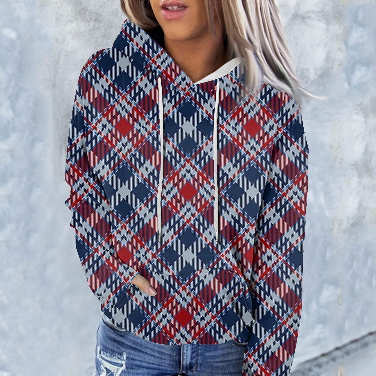 

Женская модная повседневная толстовка с капюшоном и длинным рукавом в клетку XL тёмно-синий