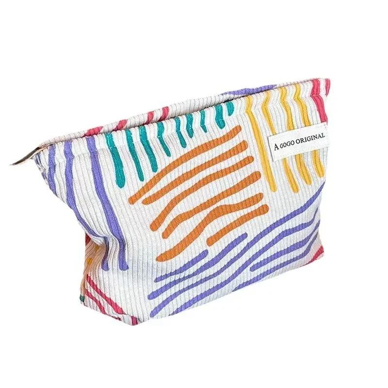 Colorful Stripes Corduroy Cosmetic Bag Portable Travel Toiletry Bag Skincare Sundries Aesthetic Makeup Storage Bag for Daily Use