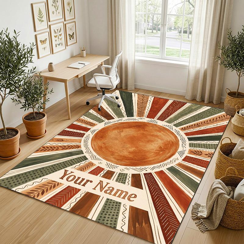Sunburst Theme Soft Crystal Velvet Rug Custom Name & Text Print Non Slip Floor Rug for Bedroom Living Room