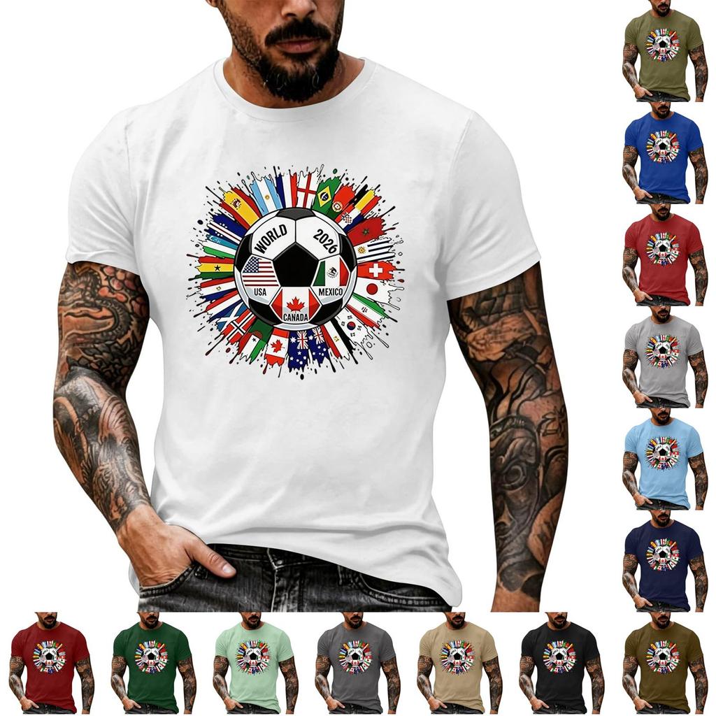 Men's Basic Crew Neck Short Sleeve T Shirt Loose Fit Casual Summer Top Soccer Ball and International Flags Graphic Print