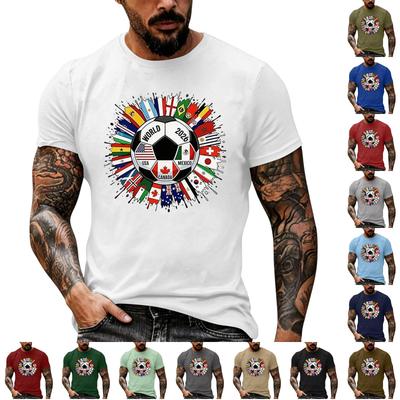 Men's Basic Crew Neck Short Sleeve T Shirt Loose Fit Casual Summer Top Soccer Ball and International Flags Graphic Print