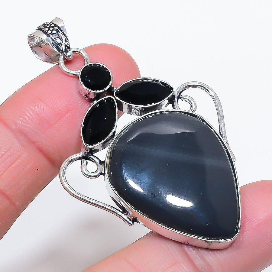 Natural Silver Sheen Obsidian, Spinel 925 Sterling Silver Pendant 2.40" D5T56